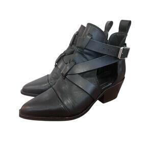 ALLSAINTS Darcy Cutout Strappy Black Leather Bootie Stacked Heel Size 38 / 7-7.5